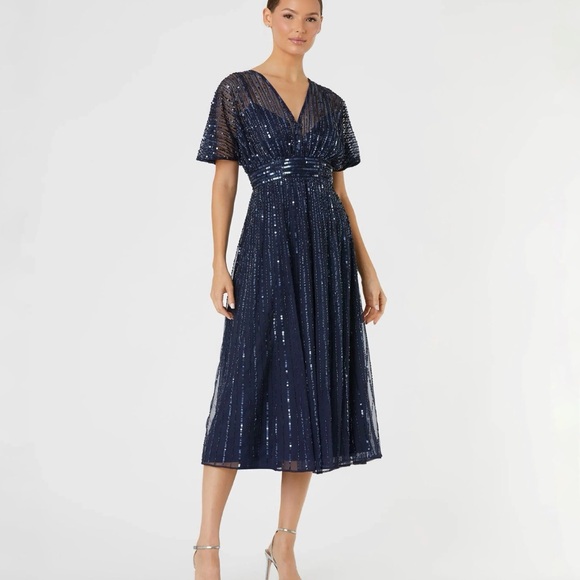 Mac Duggal Dresses & Skirts - NWT Mac Duggal 14007 Embellished Short Sleeve Empire Waist Dress 6 Blue A-line